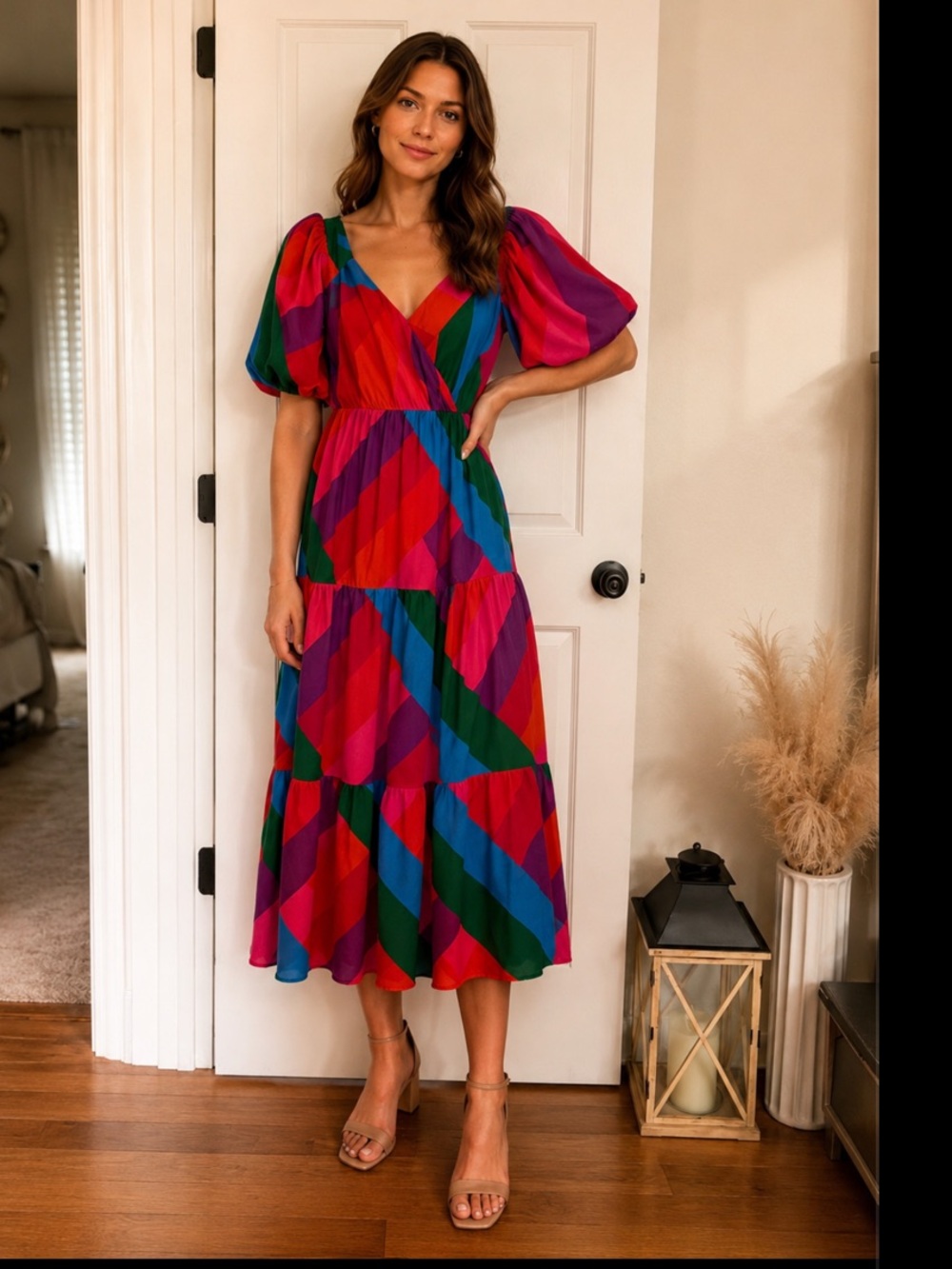 Anthropologie bold striped puff sleeve maxi dress XL bright colorful fun